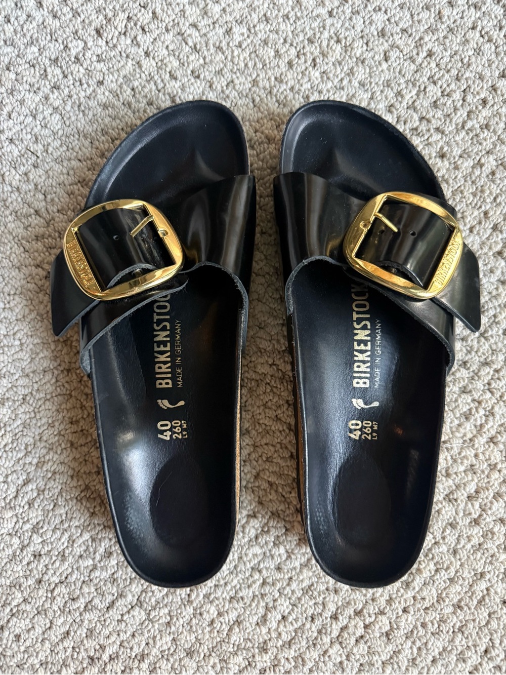 Birkenstock High Shine Black Madrid Slide Sandals with Gold Buckle 40